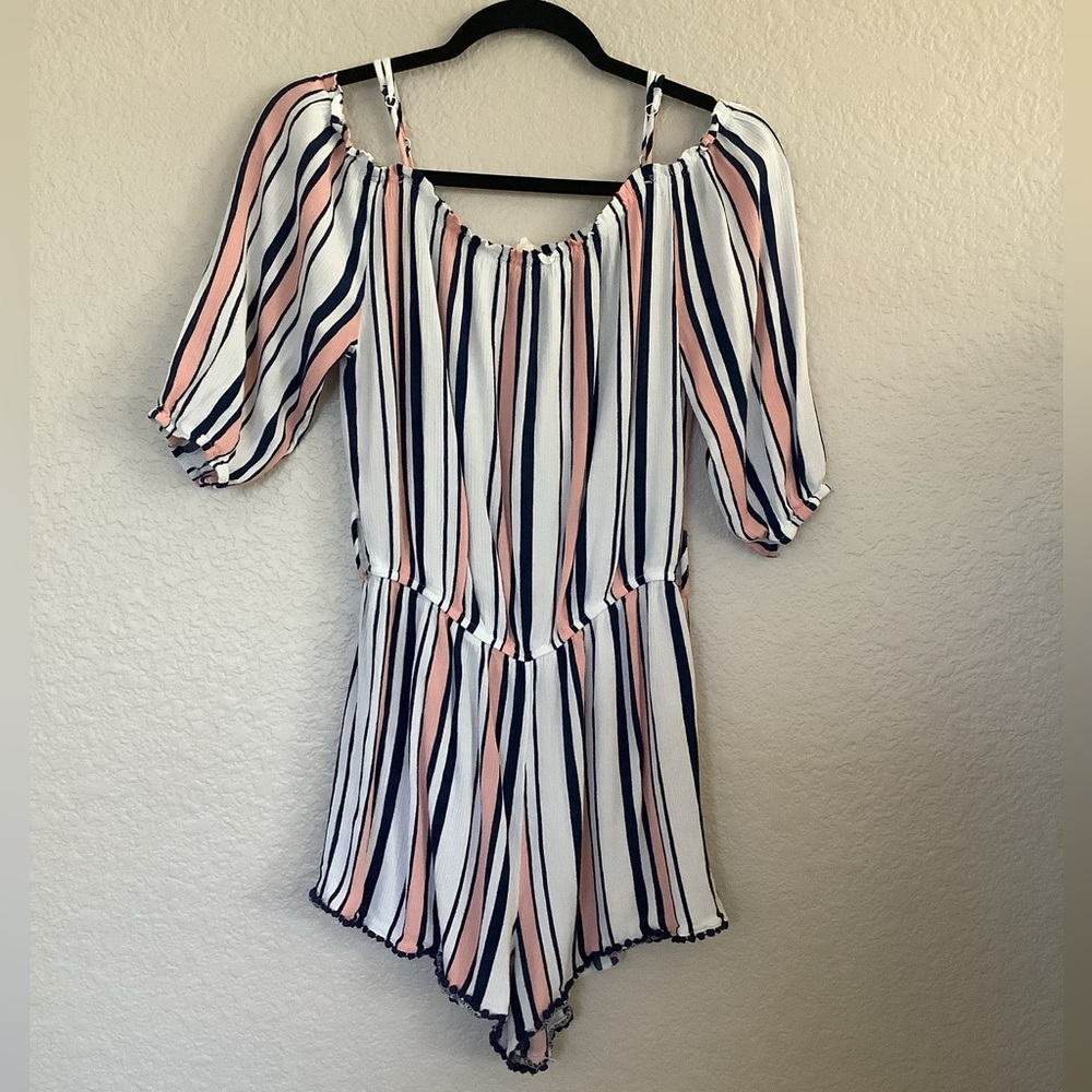 Chocolate USA Multi Color Striped Short Sleeve Romper Shorts Women's Size Large
